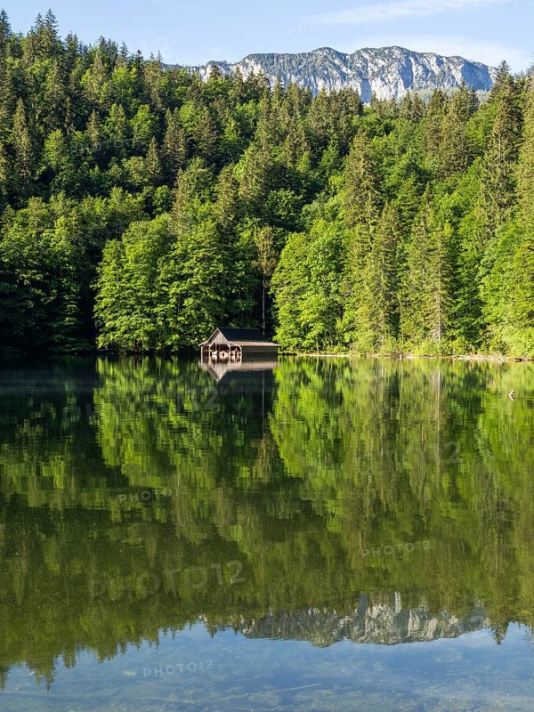 Morning atmosphere, reflection, boathouse at the Toplitzsee, Salzkammergut, Styria, Austria, Europe