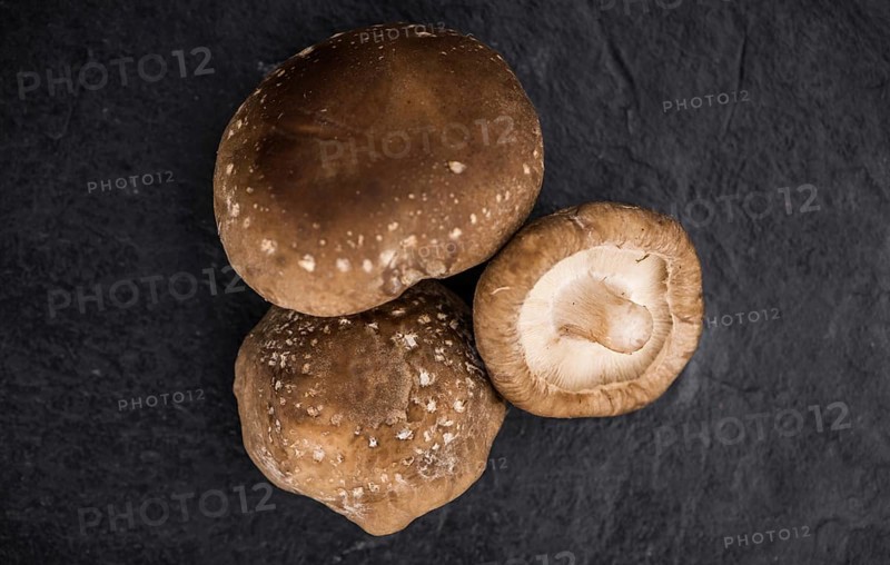 Shiitake mushrooms on a vintage background as detailed close-up shot, selective focus