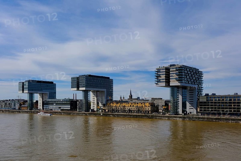 View over the Rhine with crane houses, Cologne, Germany, Europe