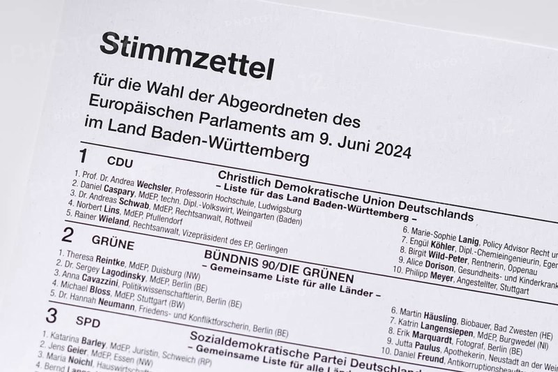 Germany, May 2024: German ballot paper for Elections to the European Parliament. 'Europawahl' in German, Europe