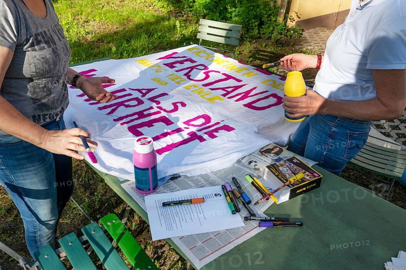 Preparation of banners for the democracy festival to mark 75 years of the Basic Law, Franconia, Bavaria, Germany, Europe