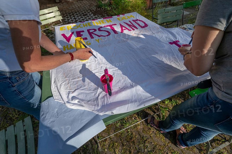 Preparation of banners for the democracy festival to mark 75 years of the Basic Law, Franconia, Bavaria, Germany, Europe