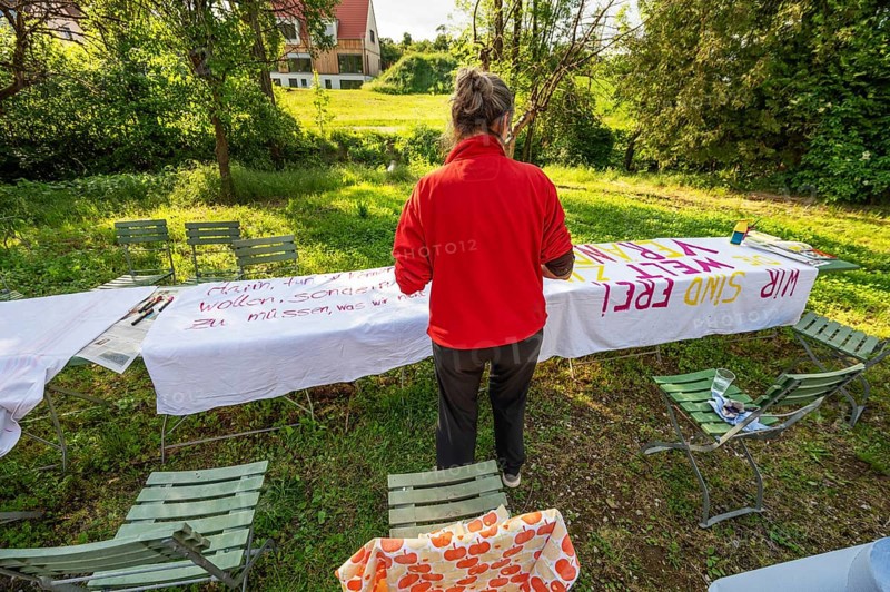 Preparation of banners for the democracy festival to mark 75 years of the Basic Law, Franconia, Bavaria, Germany, Europe