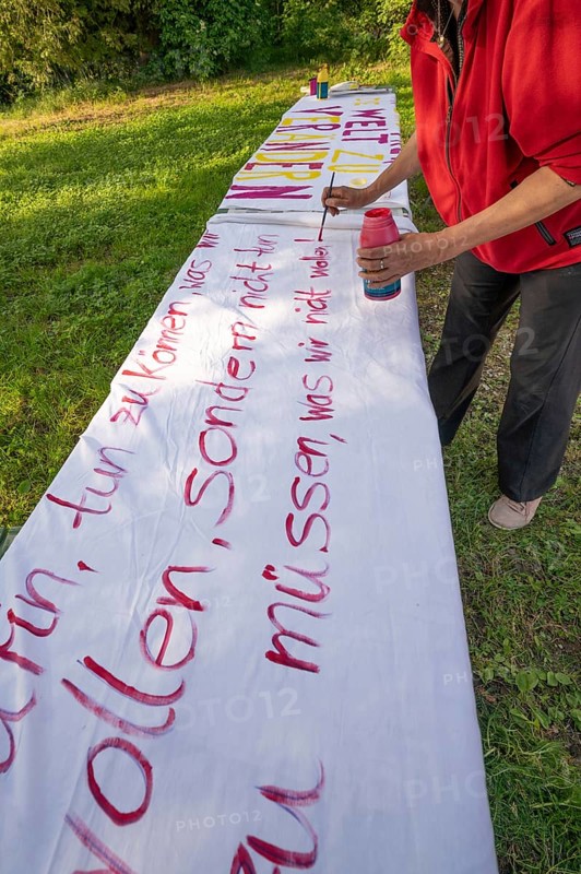 Preparation of banners for the democracy festival to mark 75 years of the Basic Law, Franconia, Bavaria, Germany, Europe