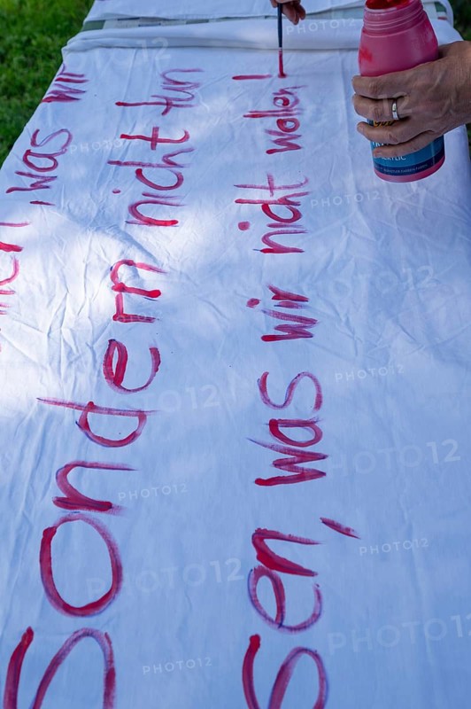 Preparation of banners for the democracy festival to mark 75 years of the Basic Law, Franconia, Bavaria, Germany, Europe