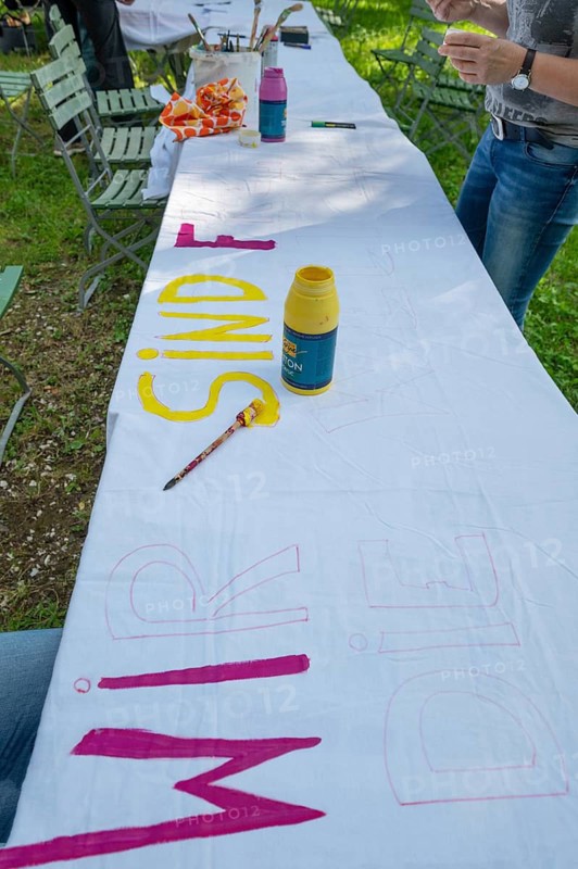 Preparation of banners for the democracy festival to mark 75 years of the Basic Law, Franconia, Bavaria, Germany, Europe
