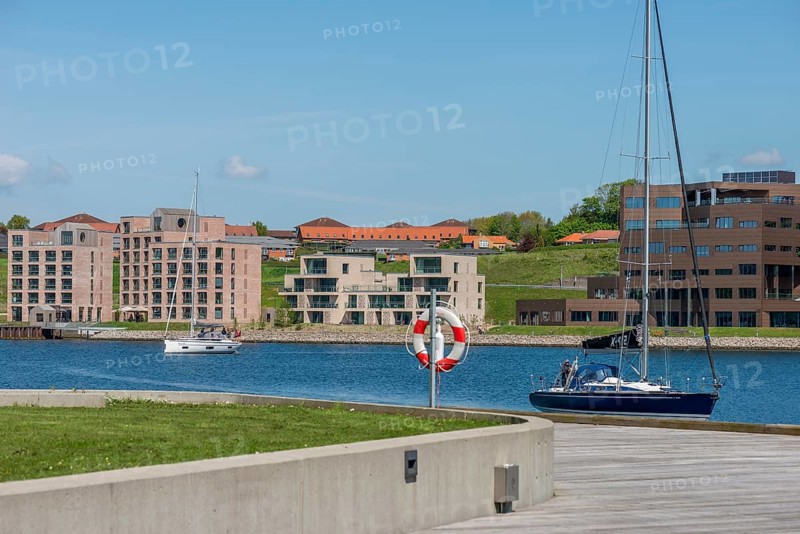 Sonderborg, Als, town of Sonderburg, modern architecture, new buildings on the outskirts with water views, sailing boat, Alsen Island, Flensburg Fjord, Baltic Sea, Denmark, Europe