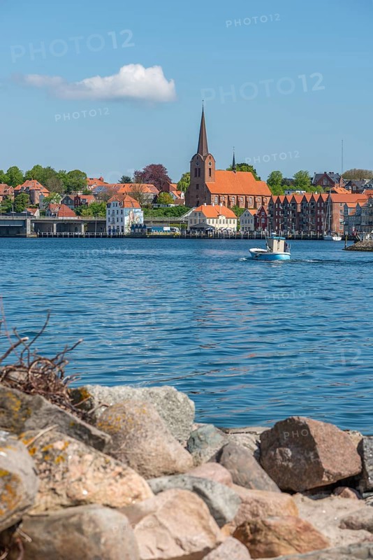 Sonderborg, Als, town of Sonderburg, St. Mary's Church, harbour promenade, fishing boat, boulders, Alsen Island, Flensburg Fjord, Baltic Sea, Denmark, Europe