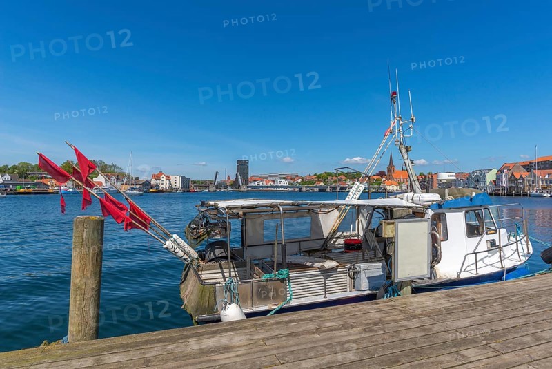 Sonderborg, Als, Sonderburg, cityscape with harbour, fishing boat, waterfront, Alsen Island, Flensburg Fjord, Baltic Sea, Denmark, Europe