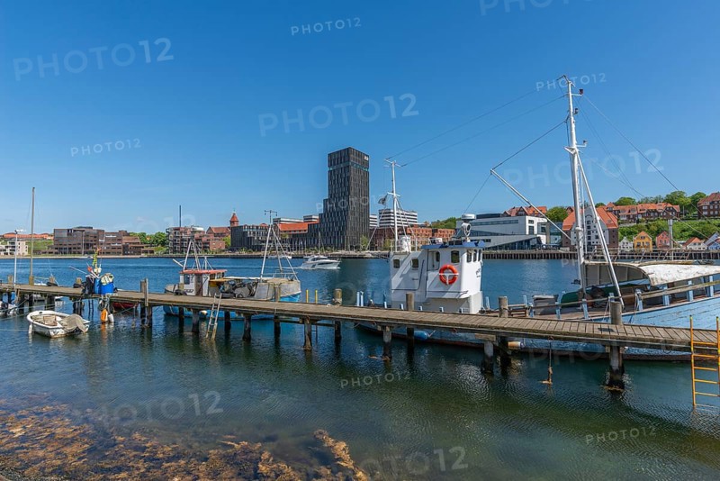 Sonderborg, Als, town of Sonderburg, fishing boats, jetty, modern architecture, Alsikhotel with tower building, library as a white low-rise building, island of Alsen, Flensburg Fjord, Baltic Sea, Denmark, Europe
