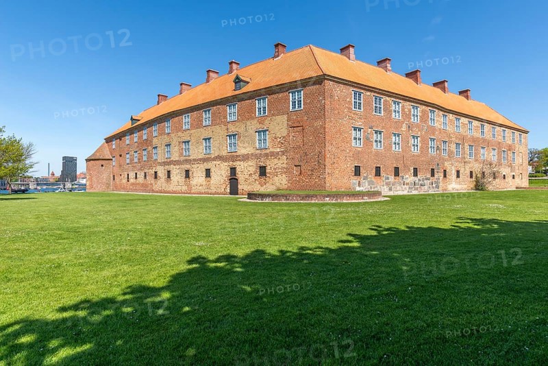Sonderborg, Als, town of Sonderburg, brick building of Sonderburg Castle, Museum of Cultural History, lawn, island of Alsen, Flensburg Fjord, Baltic Sea, Denmark, Europe