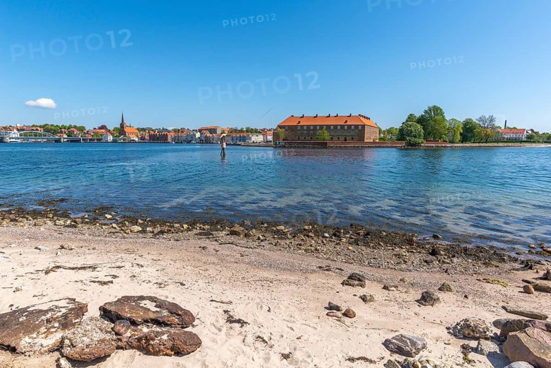 Sonderborg, Als, townscape of Sonderburg, brick building of Sonderburg Castle, Museum of Cultural History, St. Mary's Church, beach, shore, Alsen Island, Flensburg Fjord, Baltic Sea, Denmark, Europe