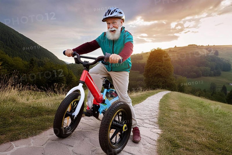 A man joyfully rides a red tricycle on a cobbled path through a picturesque landscape at sunrise, AI generated, AI generated