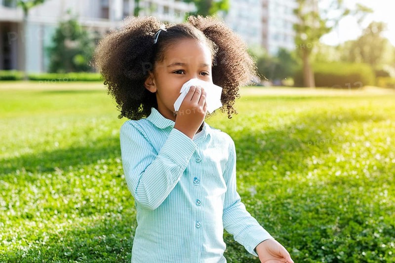 A little girl stands in the park and uses a handkerchief to blow her nose while the sun shines, AI generated, AI generated