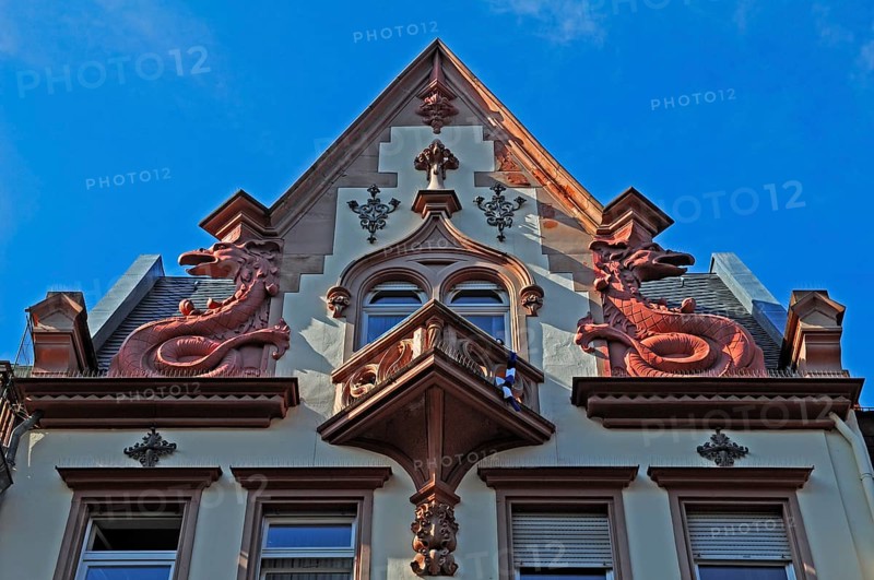 Gable of a house with two dragon figures on the roof, 19th century, Hauptstr. Heidelberg, Baden-Württemberg, Germany, Europe
