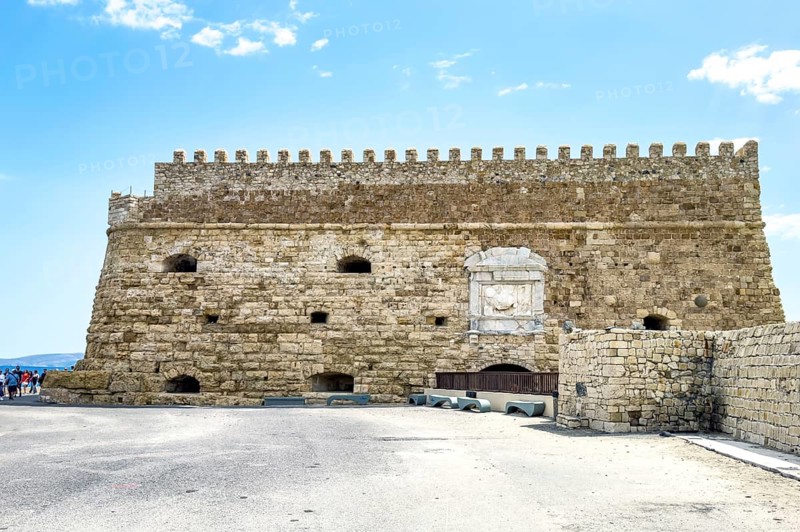 View from land side of fortress built in Middle Ages 16th century by Republic of Venice old name Castello Rocca al Mare today Koules in harbour of Iraklion, Heraklion, Crete, Greece, Europe
