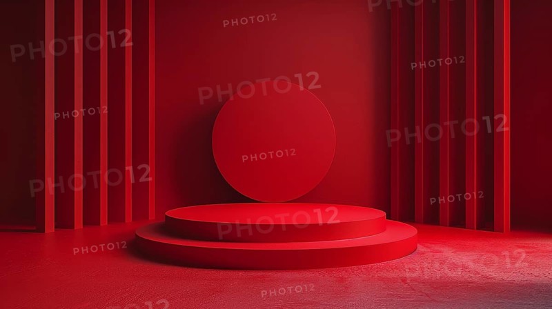 Minimalist scene with a circular red empty podium and a large cylindrical backdrop, emphasizing geometric simplicity in a vibrant setting, AI generated