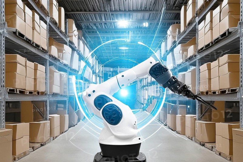 White robotic arm in a large warehouse with stacked boxes and futuristic light, AI and illustration technology, AI generated