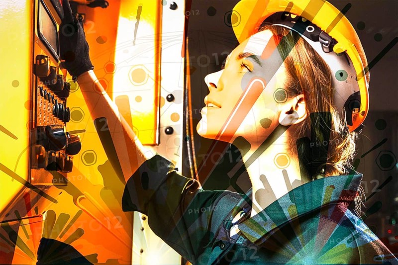 Woman with helmet operating a control box, in bright futuristic style with colourful elements, AI and illustration technology, AI generated