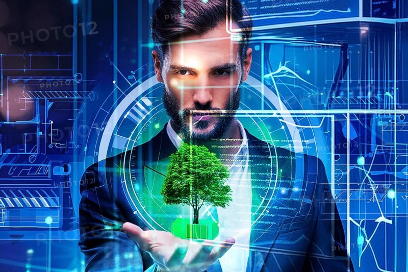 Man in suit holding a holographic representation of a tree, surrounded by futuristic technology, AI and illustration technology, AI generated