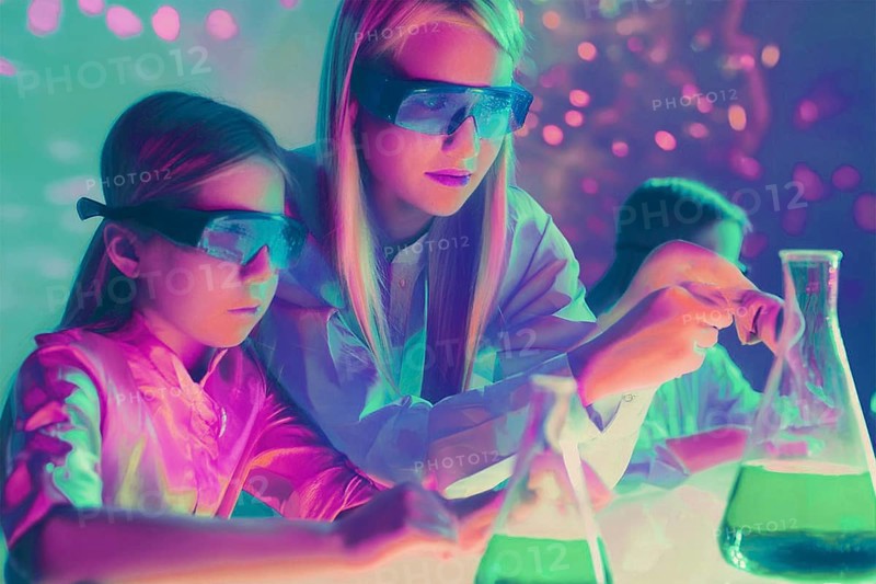 A mother and her daughter in the laboratory, equipped with protective goggles, work on scientific experiments in a neon-coloured environment, AI and illustration technology, AI generated