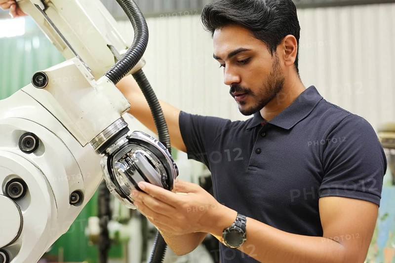 An engineer in a workshop works in detail on a robotic arm, immersed in mechanics, AI and illustration technology, AI generated