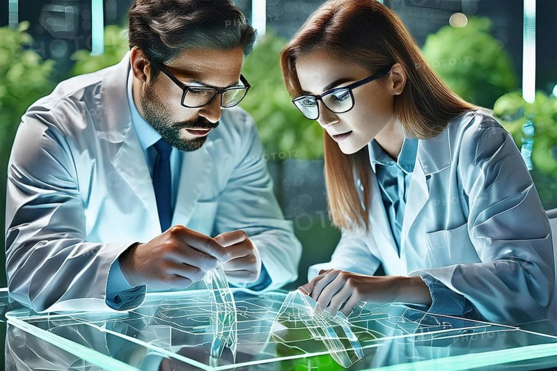 Two scientists in lab coats working intensively with holographic technology at a table, AI and illustration technology, AI generated