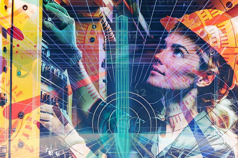 A worker in a helmet works on a control box, overlaid with graphic elements, AI and illustration technology, AI generated