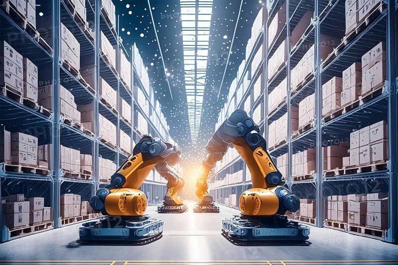 Two robotic arms work in a large, modern warehouse with many shelves, AI and illustration technology, AI generated