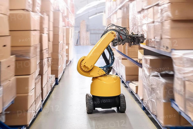 Yellow robot works in a warehouse and moves boxes on pallets, AI and illustration technology, AI generated