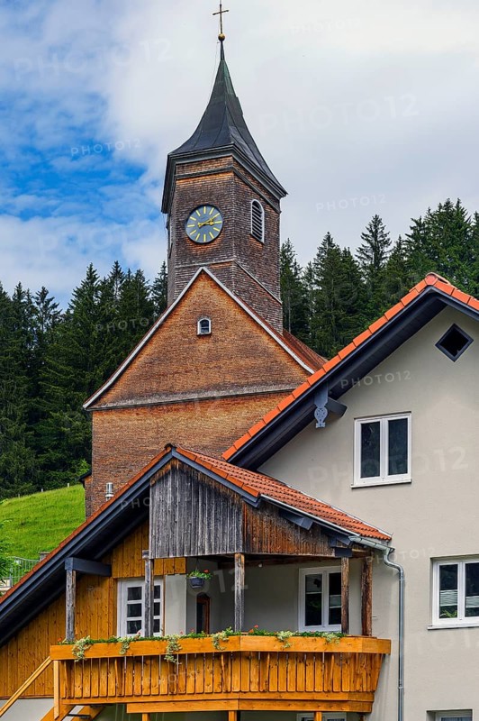 Church of St Martin from 1746 with wooden shingle facades in Eisenbach, Kreuzthal, Markt Buchenberg, Allgäu, Swabia, Bavaria, Germany, Europe