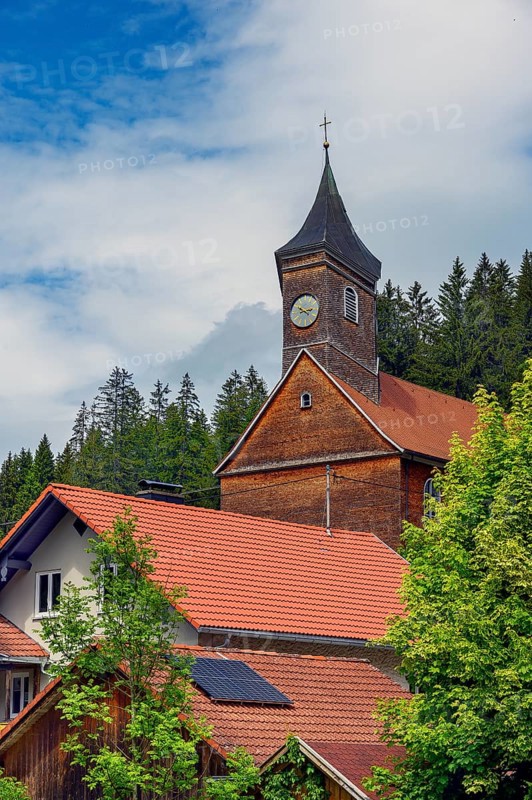 Church of St Martin from 1746 with wooden shingle facades in Eisenbach, Kreuzthal, Markt Buchenberg, Allgäu, Swabia, Bavaria, Germany, Europe