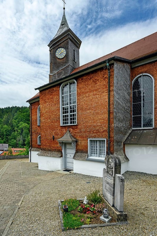 Church of St Martin from 1746 with wooden shingle facades in Eisenbach, Kreuzthal, Markt Buchenberg, Allgäu, Swabia, Bavaria, Germany, Europe