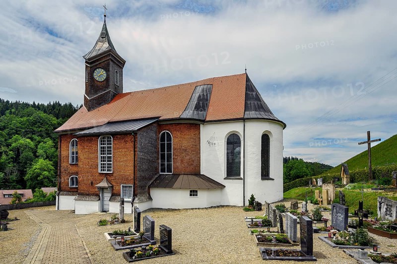 Church of St Martin from 1746 with wooden shingle facades in Eisenbach, Kreuzthal, Markt Buchenberg, Allgäu, Swabia, Bavaria, Germany, Europe