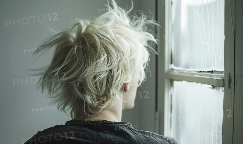 A man with platinum blonde tousled hair, back view, AI generated