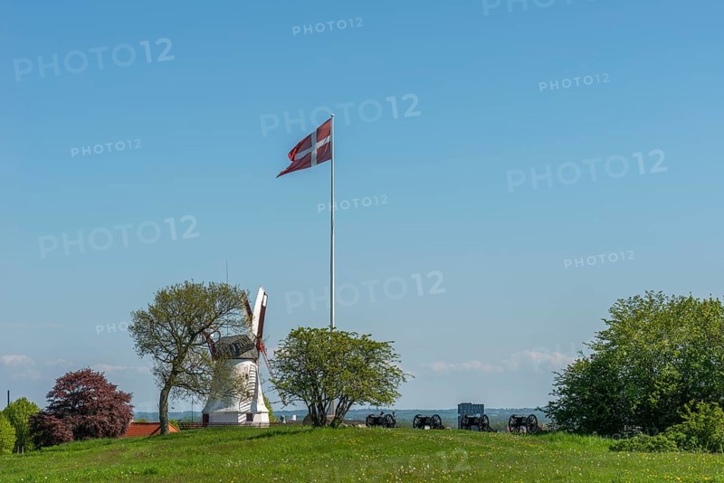 Dybbol Molle, Düppel Mill, Memorial to the German-Danish War of 1864, Dannebrog flag, cannons, Sonderburg, South Jutland, Denmark, Europe