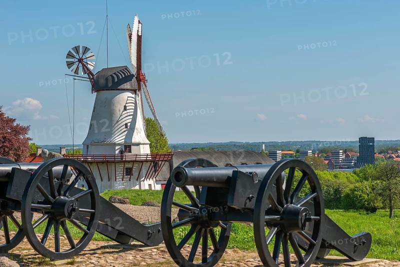 Dybbol Molle, Düppel Mill, Memorial to the German-Danish War of 1864, cannons, view of Sonderburg, South Jutland, Denmark, Europe