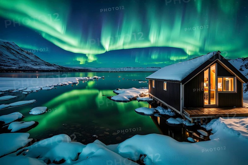 Aurora borealis illuminating snow covered fjord landscape with a wooden cabin in vibrant hues, AI generated
