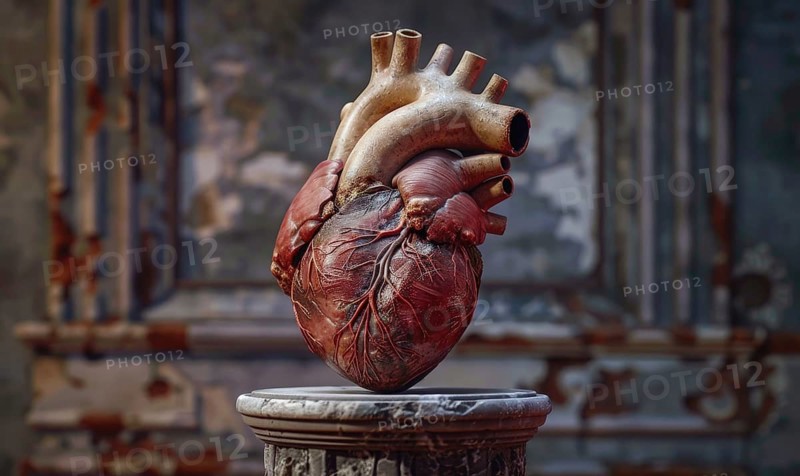 Realistic model of a human heart on a stone pedestal AI generated