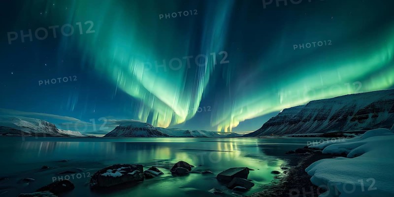 Aurora borealis illuminating snow covered fjord landscape in vibrant hues, AI generated