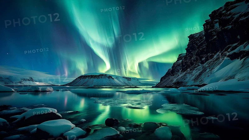 Aurora borealis illuminating snow covered fjord landscape in vibrant hues, AI generated