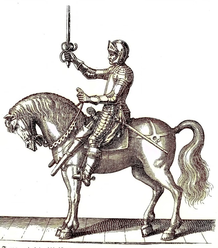 Cuirassier of the Thirty Years' War, horseman with armour and horse, digital reproduction of an original from the 19th century, original date unknown
