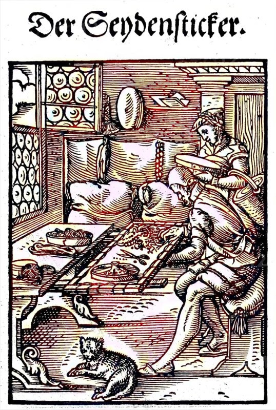 Der Seydensticker, Seidensticker, woodcut from the, Das Staendebuch, a famous series of woodcuts of the craft of Amman, 1568, Germany, craft, labour, craftsman, digital reproduction of an original 19th century original, original date unknown, Europe