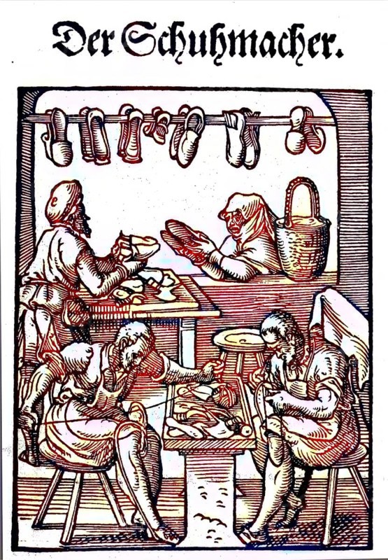 The Shoemaker, woodcut from the, Das Staendebuch, a famous series of woodcuts of the craft of Amman, 1568, Germany, craft, labour, craftsman, digital reproduction of an original 19th century model, original date unknown, Europe