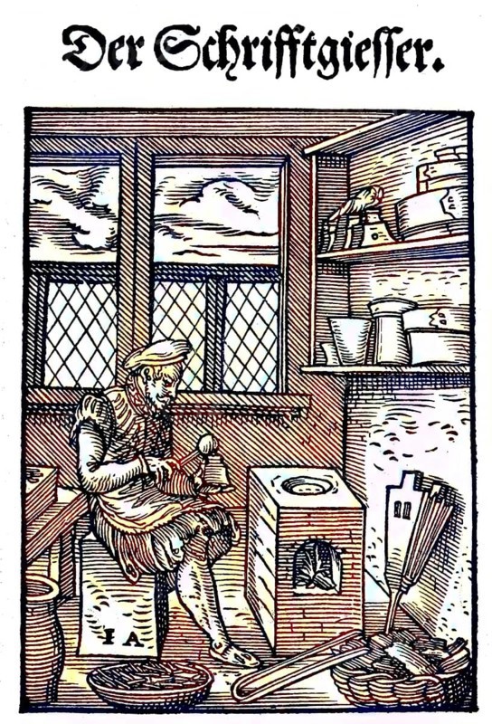 Der Schriftgiesser, Schriftgiesserei, Schriftgiesser, woodcut from the, Das Staendebuch, a famous series of woodcuts of the craft of Amman, 1568, Germany, craft, work, craftsman, digital reproduction of an original from the 19th century, original date unknown, Europe