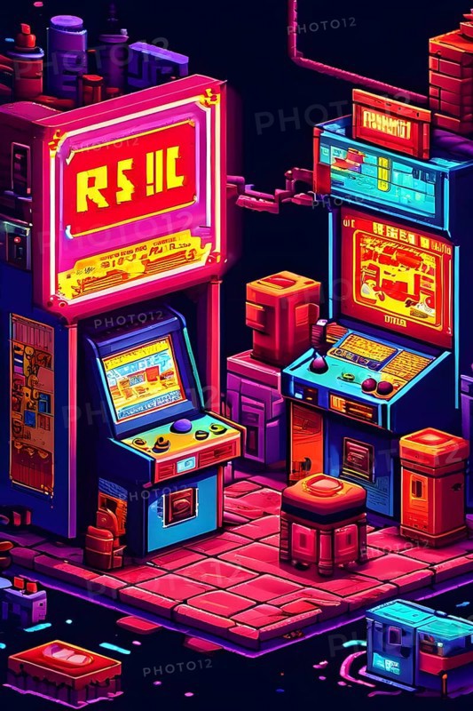 Pixel art illustration of a classic arcade game scene with characters navigating through obstacles, AI generated
