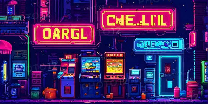 Pixel art illustration of a classic arcade game scene with characters navigating through obstacles, AI generated