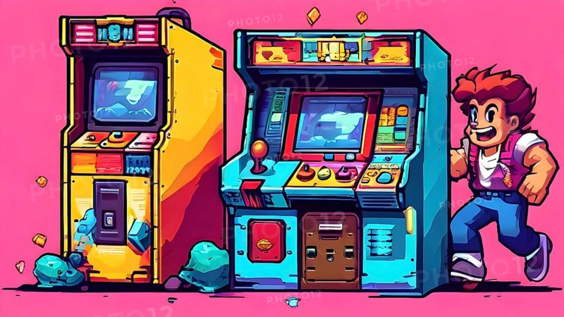 Pixel art illustration of a classic arcade game scene with characters navigating through obstacles, AI generated
