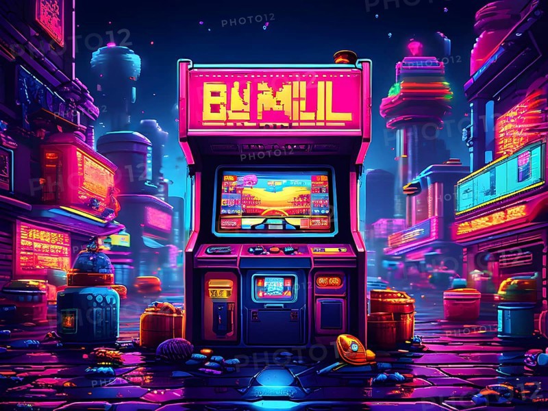 Pixel art illustration of a classic arcade game scene with characters navigating through obstacles, AI generated