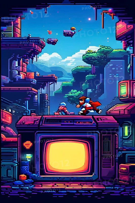 Pixel art illustration of a classic arcade game scene with characters navigating through obstacles, AI generated